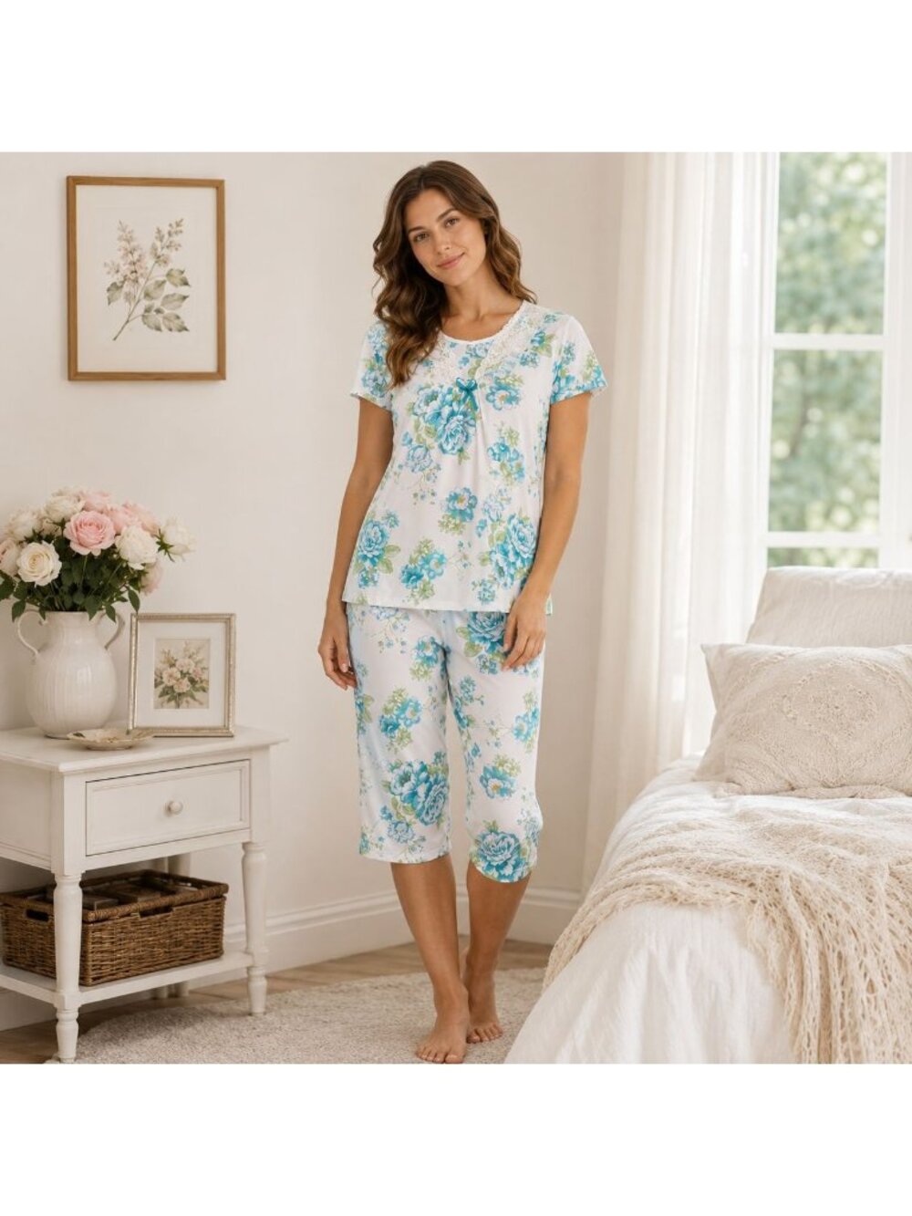 Lati Fashion Floral Pajama Set L Lace Trim Top Crop Pants Sleepwear